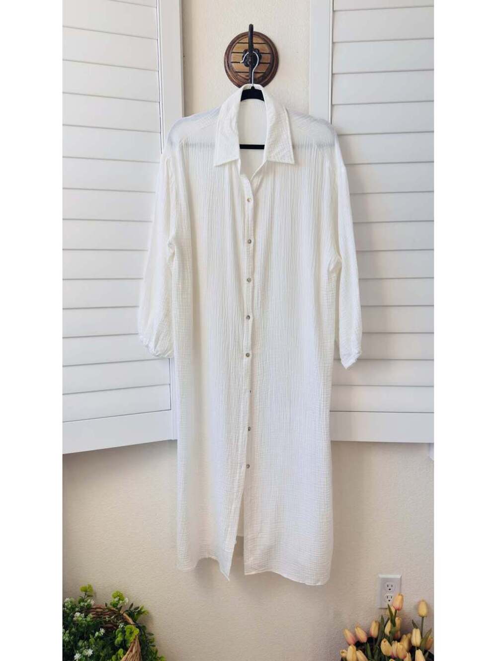 Boutique White Cotton Gauze Button Down Midi Dress - Size M - Picture 2 of 9